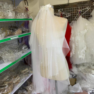 Voan cài tóc cô dâu trắng kem ngắn ngang lưng mẫu mới 2020 sp2878