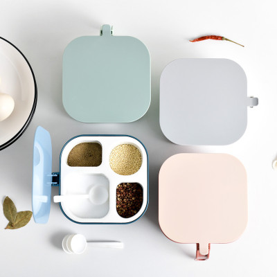 Hộp đựng gia vị 4 ngăn kín khí , chống ẩm ướt, Hũ gia vị chia ngăn có nắp đậy kèm thìa tiện lợi