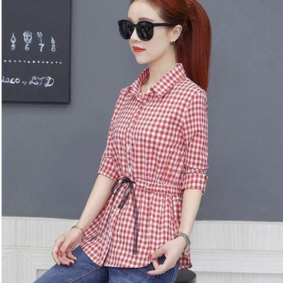 Áo sơ mi nữ caro dây rút eo