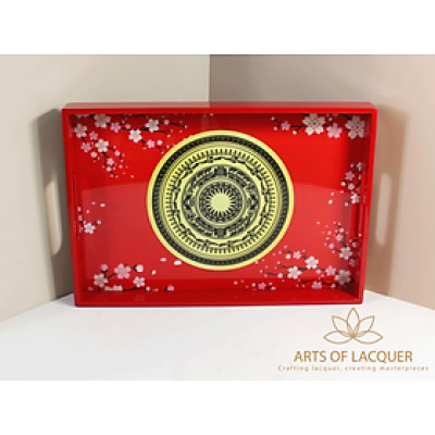 Khay Sơn Mài Hình Trống Đồng Hoa Đào