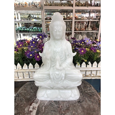 Tượng Phật Bà Quan Thế Âm Bồ Tát ngồi đài sen cầu bình an đá cẩm thạch trắng - Cao 30 cm