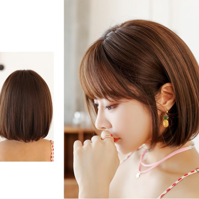 Tóc giả nữ nguyên đầu hàn quốc, kiểu ngắn, mái thưa tặng kèm lưới trùm tóc, giống hình 90%, tóc tơ nhân tạo chịu nhiệt