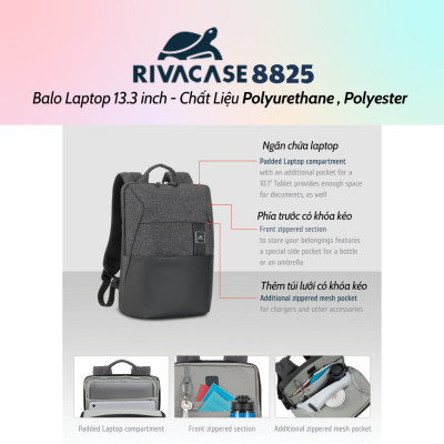 Balo Laptop Rivacase 8825 13.3 inch Chất Liệu Polyurethane , Polyester - Bảo Hành 24 Tháng - Hàng Chính Hãng