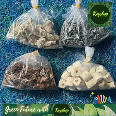 Combo 100g Combo 4 Loại Vật Liệu Lọc Hồ Cá: Than Hoạt Tính +Sứ Trắng 
+- San Hô+ Nham Thạch =100G