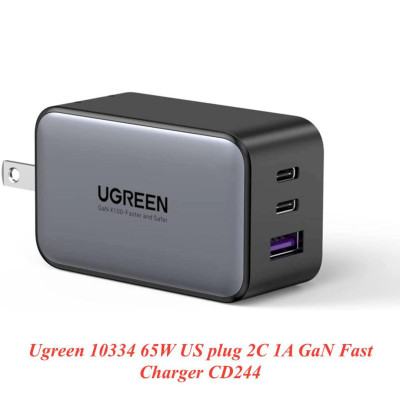 Ugreen UG10334CD244TK 65W 3Port Màu Đen Bộ sạc nhanh PD3.0 GaN sạc siêu nhanh 2 cổng USB-C và 1 Cổng USB-A chân cắm US - HÀNG CHÍNH HÃNG