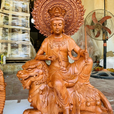 Tượng phật văn thù _phổ hiền bồ tát bằng gỗ hương đá kt cao 42×35×20cm +cả lá chắn bồ đề cao tổng 62cm