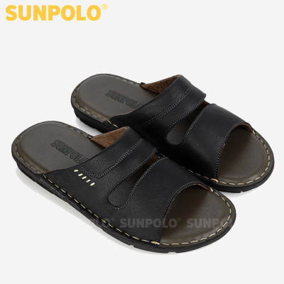 Dép Da Nam, Dép Quai Ngang Da Bò SUNPOLO AQN027 (Đen)