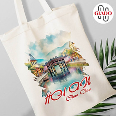 Túi canvas GIADO, túi vải bố, túi tote mẫu Hội An chùa Cầu chữ đỏ
