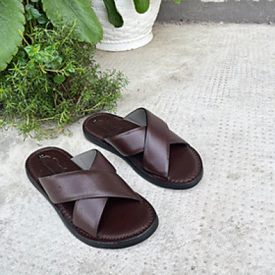 Dép nam da bò Trường Hải  quai chéo 2 màu đen, nâu DN125MN