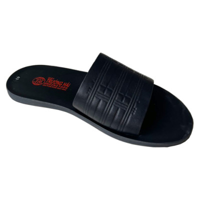 Dép nam quai ngang  1 bản da bò thật màu đen Trường Hải mặt đúc chịu nước QN150