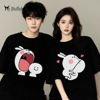 Áo đôi , áo thun cặp nam nữ tay lỡ Unisex thỏ ngoạm đầu form rộng vải cotton 100% T22T23 - Mr.Buffalo