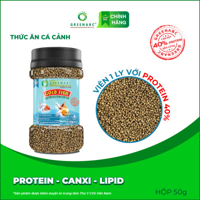 Thức ăn GoldFish GREENABC – Cá 3 đuôi – Cá vàng– Hàm lượng protein 40% giúp thúc đẩy hình thành đầu, lên màu đẹp, dáng đẹp – Hộp 50g