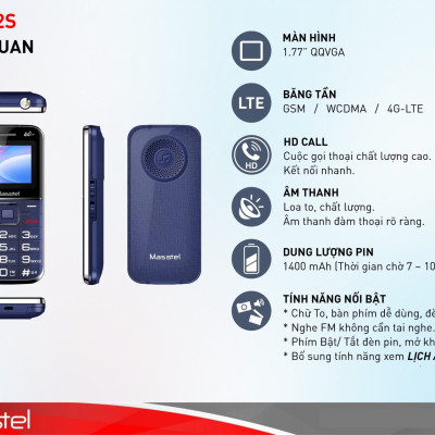 Điện thoại người già Masstel Fami 12S 4G(LTE) , Bàn phím chữ số to, Loa lớn , Máy viền thép chắc chắn - Hàng chính hãng
