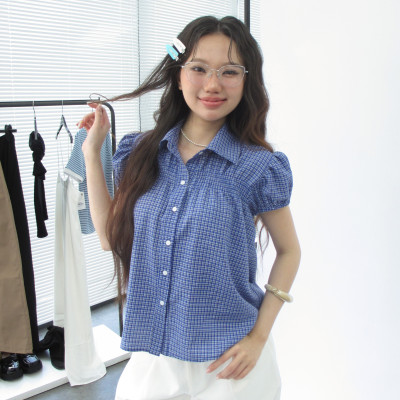 DOTTIE - Áo sơ mi kiểu nhún ngực - Xanh - T1116