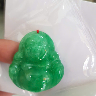 Mặt dây chuyền Nữ Phật Di Lặc bụng tròn Đá Ngọc Cẩm Thạch Xanh tươi đều đẹp Size C40mm x N37mm x S12mm Anh Chị bọc Vàng đeo đẹp ạ