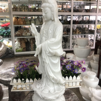 Tượng Phật Bà Quan Thế Âm Bồ Tát đứng đài sen đá cẩm thạch trắng - Cao 60 cm