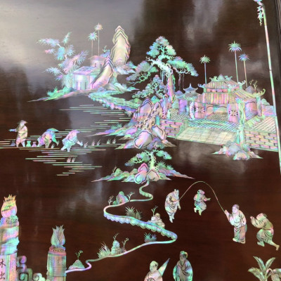 Tranh treo tường tích vinh quy bái tổ khảm ốc đỏ ,mầu sắc bẩy sắc cầu vồng ,hàng siêu đẹp kt 107×217×5cm