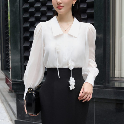 Valen Shirt - Áo sơ mi tơ vai nhún bồng nhẹ thiết kế cao cấp WHITE CHIC