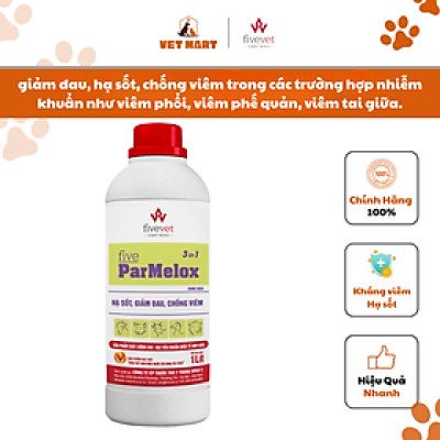 [1 lít] Five-ParMelox 3in1 Dùng để giảm đau, hạ sốt, chống viêm trong các trường hợp nhiễm khuẩn như viêm phổi, viêm phế quản, viêm tai giữa, viêm vú, viêm tử cung viêm khớp, bong gân để giảm các triệu chứng đau và viêm.