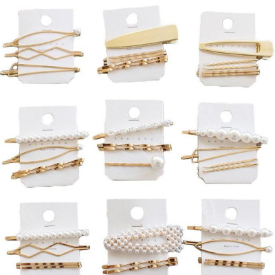 Bộ 3 kẹp tóc kim loại xi vàng thiết kế phối ngọc trai giả sang trọng