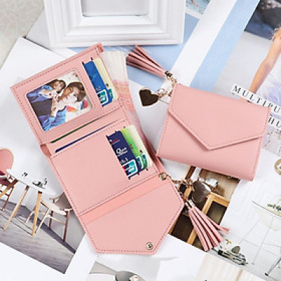 Ví Cầm Tay Cho Nữ, Bóp Ví Mini Ngắn Cầm Tay Phong Cách Hàn Quốc Dây Đeo Trái Tim Tua Rua (Có Hàng Sẵn)