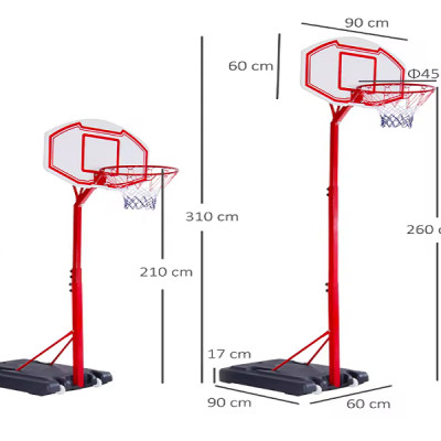 Trụ bóng rổ S003 điều chỉnh từ 2.1m đến 2.6m, sử dụng cho học sinh tiểu học, trung học, đối trọng đổ nước tiện dụng.