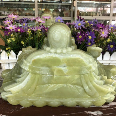 Tượng Phật Di Lặc ngồi tựa bao tiền cầm thỏi vàng phong thủy đá ngọc onyx