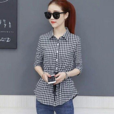 Áo sơ mi nữ caro dây rút eo