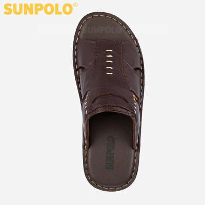 Dép Quai Ngang Nam Da Bò SUNPOLO AQN009 Quai bản rộng (Đen, Nâu)