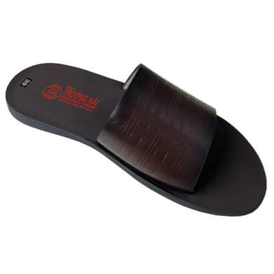 Dép nam quai ngang 1 bản Trường Hải da bò thật màu nâu mặt đúc chịu nước QN151