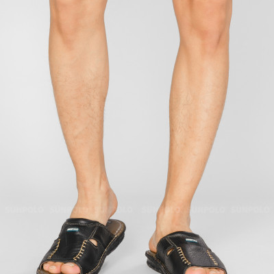 Dép Quai Ngang Nam Da Bò SUNPOLO AQN012 Bản rộng dày dặn (Đen)