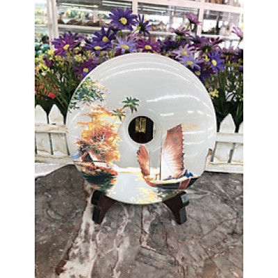 Đồng tiền đồng điếu may mắn phong thủy vẽ tranh chiêu nạp tài lộc đá bạch ngọc - Đường kính 16 cm