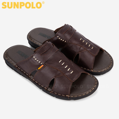 Dép Quai Ngang Nam Da Bò SUNPOLO AQN009 Quai bản rộng (Đen, Nâu)