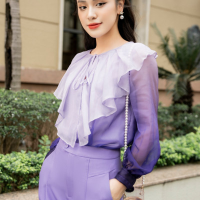 Áo sơ mi dáng suông nữ HeraDG thiết kế cổ bèo buộc nơ, chất liệu vải tơ cao cấp mềm mịn, thoáng mát SAKBC2027