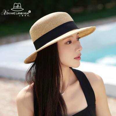 Nón vành nhỏ fedora chất liệu cói mũ rộng vành đi biển phối nơ đai đen thời trang Hàn Quốc Chất liệu cói thoáng mát Kích thước vành rộng 5cm