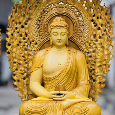 Bộ Tượng phật tây phương tam thánh bằng gỗ gõ vàng kt 90×48×48cm