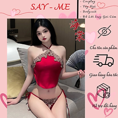 Đồ Ngủ Cổ Yếm Kiểu Trung Hoa Lụa Satin Đỏ,Set Nội Y Quần Cột Dây + Áo Lụa Cổ Tàu Gợi Cảm,Yếm Lụa Sexy Phối Ren Hoa Vintage, Set Yếm Ren Lụa Đỏ Đô Gợi Cảm ,Bộ Nội Y Sexy Gợi Cảm Viền Ren Hoa C018