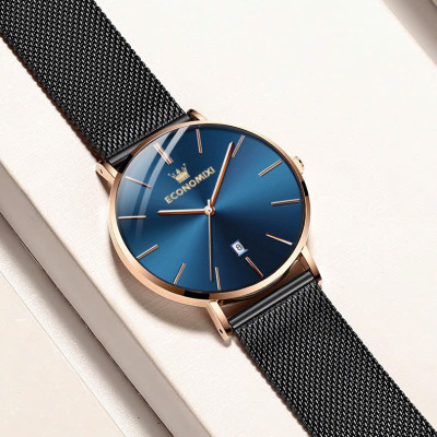 Đồng Hồ Nam Chính Hãng ECONOMICXI Dây Thép Mành Đen Kích Thước Mặt 40mm Có Lịch Ngày - Thiết Kế Nam Tính ECNTA23
