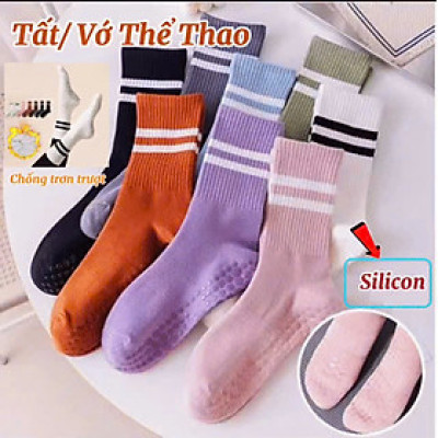 Tất / Vớ Chân Cao Cổ Nữ 16,9K Freesize Tập Yoga Pilates Len Co Giãn Đính Hạt Silicon Chống Trơn Trượt (Cao Cổ Kẻ Sọc)
