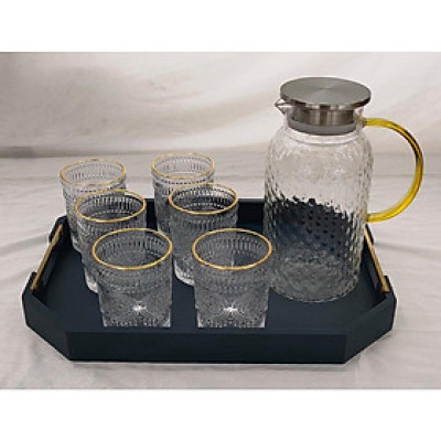 COMBO BỘ BÌNH SẦN CỐC THỦY TINH VÂN TRÒN NỔI CHỊU NHIỆT CAO CẤP KÈM KHAY XANH