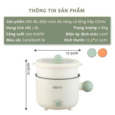 Nồi Lẩu Điện Mini Azhu 1.8L Đa Năng – 2 Nấc Nhiệt, Kèm Giá Hấp, Công Suất 600W