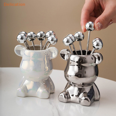 Bộ 6 Nĩa Ăn Trái Cây Bằng Thép Không Gỉ Kèm Hộp Đựng Hình Gấu Bearick Bằng Gốm Cao Cấp Sang Trọng - HÀNG CHÍNH HÃNG MINIIN