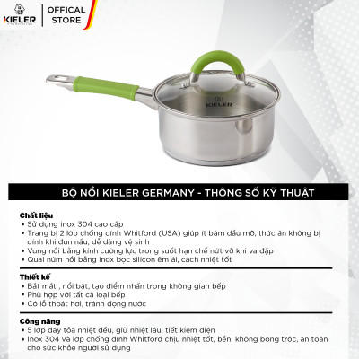 Chảo sốt có nắp KIELER đáy từ 16cm nấu nhanh, tiết kiệm điện, có 2 lớp chống dính Whitford ít bám dầu mỡ RW1003-C16 - Hàng Chính Hãng