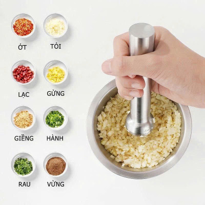 Cối Chày Inox 304  Có Nắp Đậy Cao Cấp – Giã Tỏi Ớt, Gia Vị, Thực Phẩm Nhanh Chóng, Sạch Sẽ Size 10cm