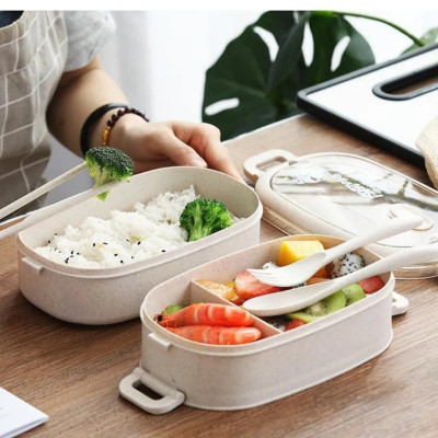 Hộp Đựng Cơm Văn Phòng Lúa Mạch 2 Tầng Tặng Kèm Đũa, Muỗng, Nĩa - HENRYSA