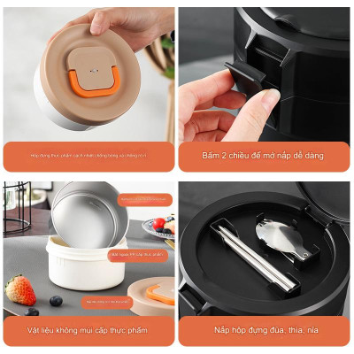 Hộp Cơm Giữ Nhiệt YADEL phong cách Nhật Bản, Inox 304 Chống Tràn Cách Nhiệt 6 Lớp, Chống Bỏng 2 Lớp, Giữ nhiệt lên tới 12h + Tặng đũa thìa inox - Hàng nhập khẩu