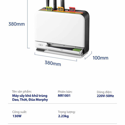 Bộ dao thớt khử khuẩn UV và sấy khô 70ºC Morphy Richards MR1001 tích hợp khay đựng đũa - Hàng Nhập Khẩu