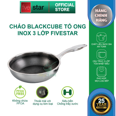 Bộ nồi và chảo sâu lòng Blackcube tổ ong 3 lớp đáy liền inox 304 Fivestar Plus 5 món quai oval nắp kính , tặng 1 vá canh
