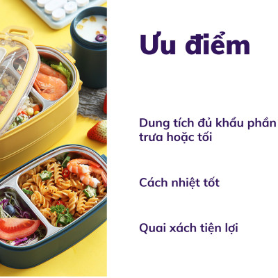 Hộp Cơm Văn Phòng Giữ Nhiệt  2 Lớp 2 Tầng Tiện Lợi Kèm Hộp Đựng Canh Soup và Bộ Đũa Thìa INOX – Chất Liệu INOX304An Toàn Cho Sức Khỏe – Hàng Chính Hãng MINIIN- Tặng Túi Đựng Cơm