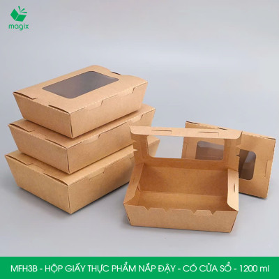 MFH3B - 1200ml - 50 hộp giấy kraft đựng thực phẩm, hộp giấy đựng thức ăn có cửa sổ, hộp đựng cơm